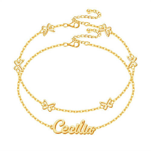 Custom layered 18k gold plated stainless steel nameplate anklets bracelet with butterfly chain wholesale